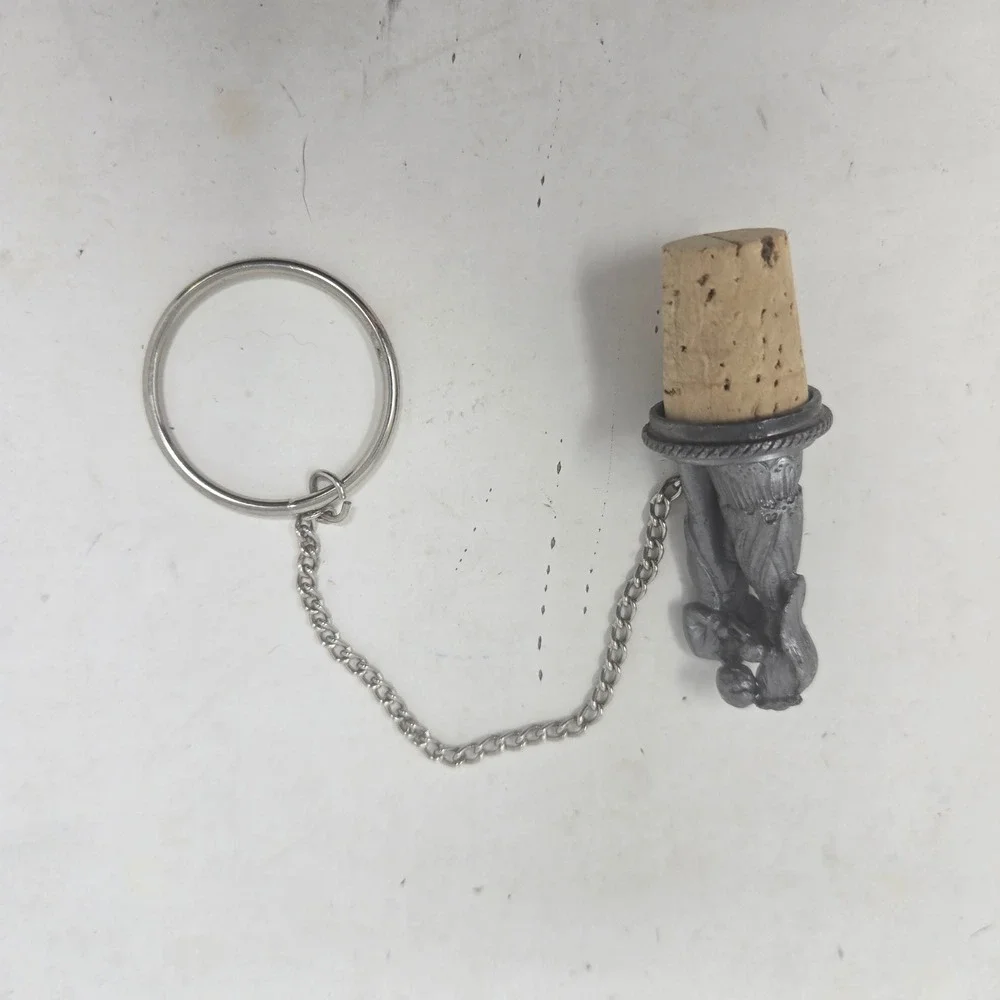 Vintage Pewter Bride and Groom Wine Bottle Stopper with Chain Ring Barware Gift